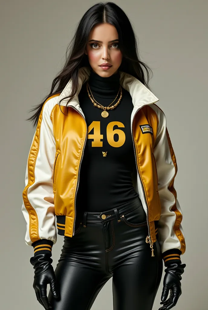 A mesmerizing woman with a flawless physique is clad in a turtleneck shirt featuring a *One Piece – Nico Robin* anime print, perfectly paired with sleek black jeans. Over her shirt, she sports a striking gold athletic jacket with crisp white sleeves, a Chi...