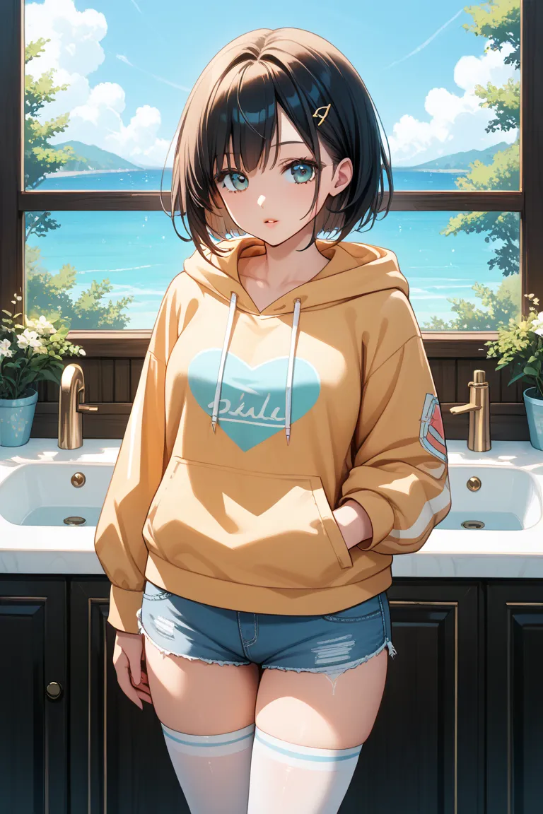 one girl、anime style、Beauty、short bob、 has her hand in a hoodie pocket 、 sink、shorts when sitting、stockings、 Bbo~、 sink、 puffy lips、anime style、Outdoors