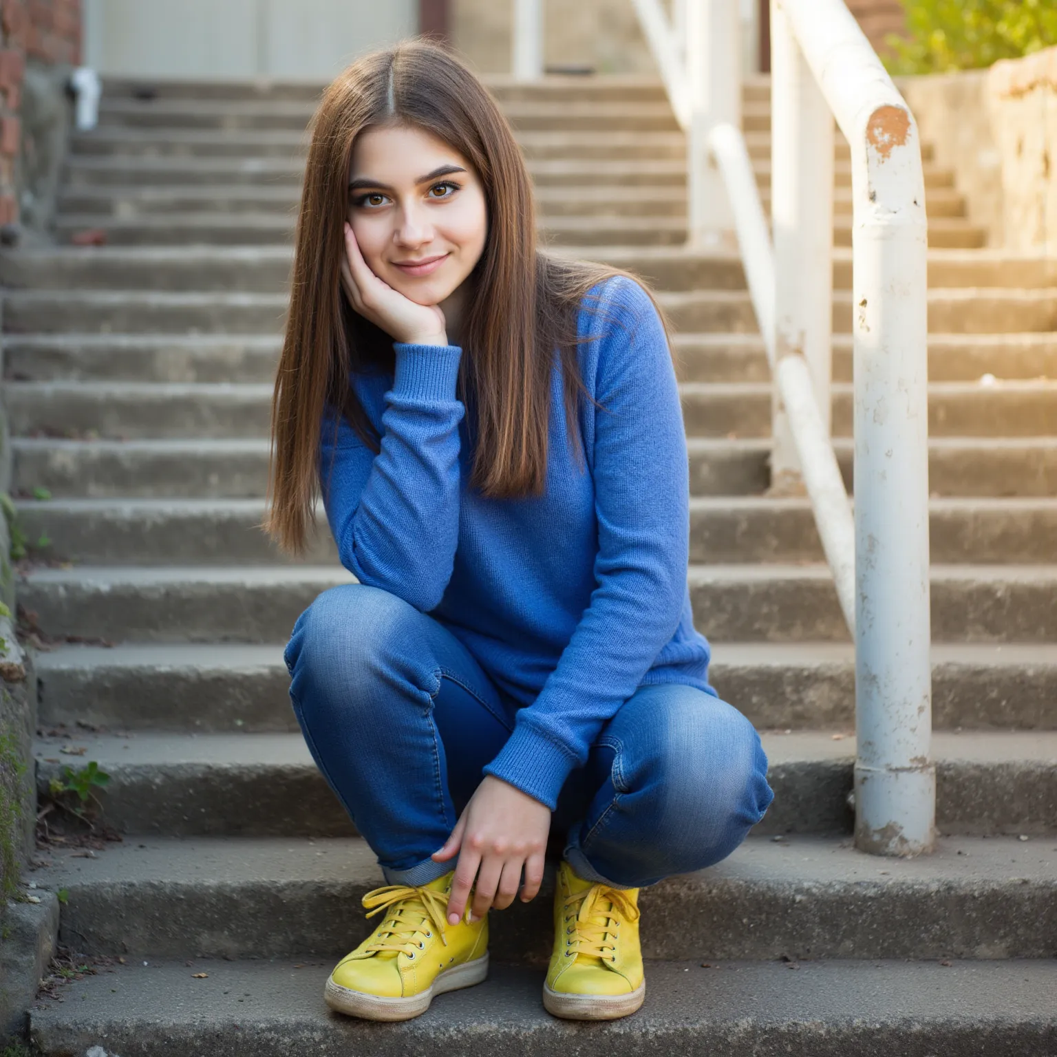  woman sitting on stairs . Has a blue sweater on. A pair of jeans and yellow sneakers style photorealistic,  sharp focus, very detailed, sunlight, Detail,  full body