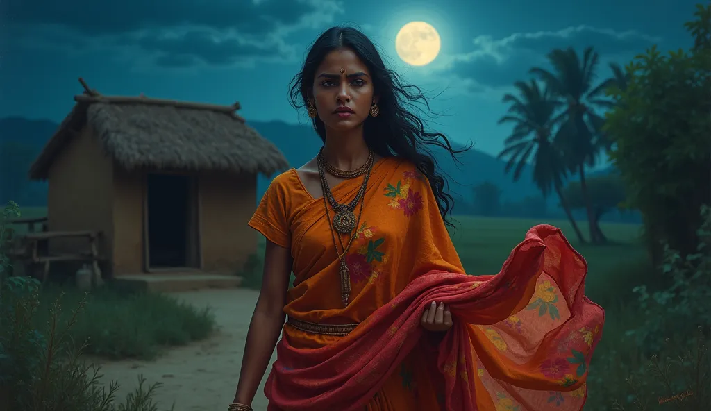 Nighttime scene in a rural Indian village, with a simple mud house visible in the background. A young farmer's wife stands in the foreground, wearing a vibrant and colorful saree, her expression full of anger and determination as she looks forward. The moo...