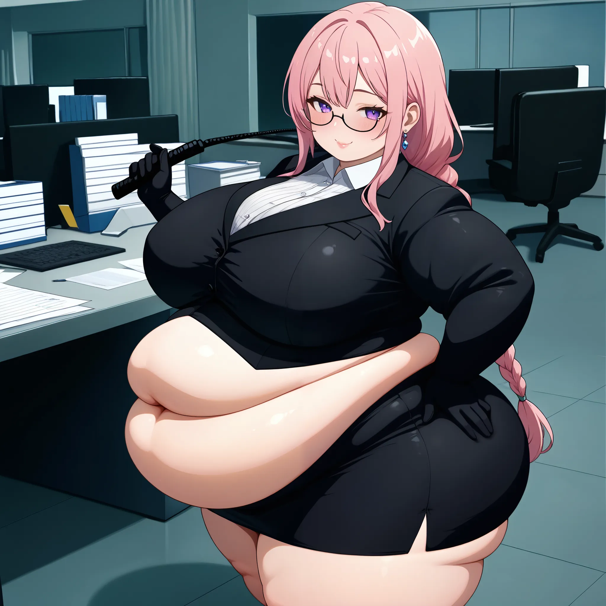 living room, huge ass, Score_9, score_8_up, score_7_up, score_6_up, source_anime, rating:general, 1girl, (office:1.6), 1girl, solo, Yanagi, earrings, pink hair, long hair, purple eyes, braided ponytail, glasses, under-rim eyewear, large breasts, narrow wai...