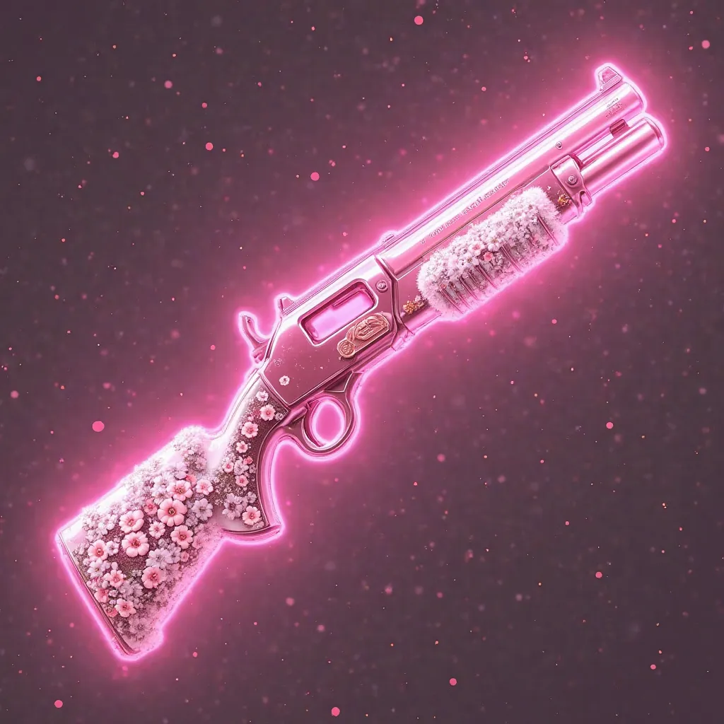 Create a pink double-barreled shotgun with a black outline in this style: pink sakura, pink sakura flowers, a sakura barrel wraps around the handle of a double-barreled shotgun, cherry blossoms as a pattern on the handle, pink double-barreled shotgun, Anim...