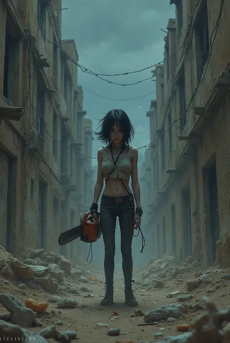 A girl with dark hair and a chainsaw standing dangerously with her clothes torn between buildings covered with sand at night in a devastated city