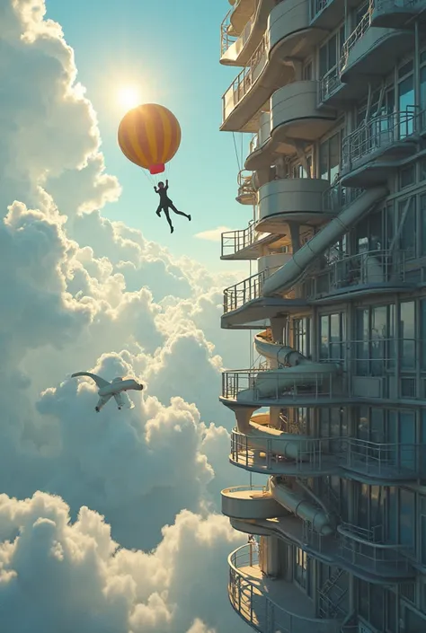 Create a video of falling a person from the above of the building but in  the first floor sunslide plates there is a resuce slideon all the sides which works only when a person falls.the balloon is like a airplane emergency slide 