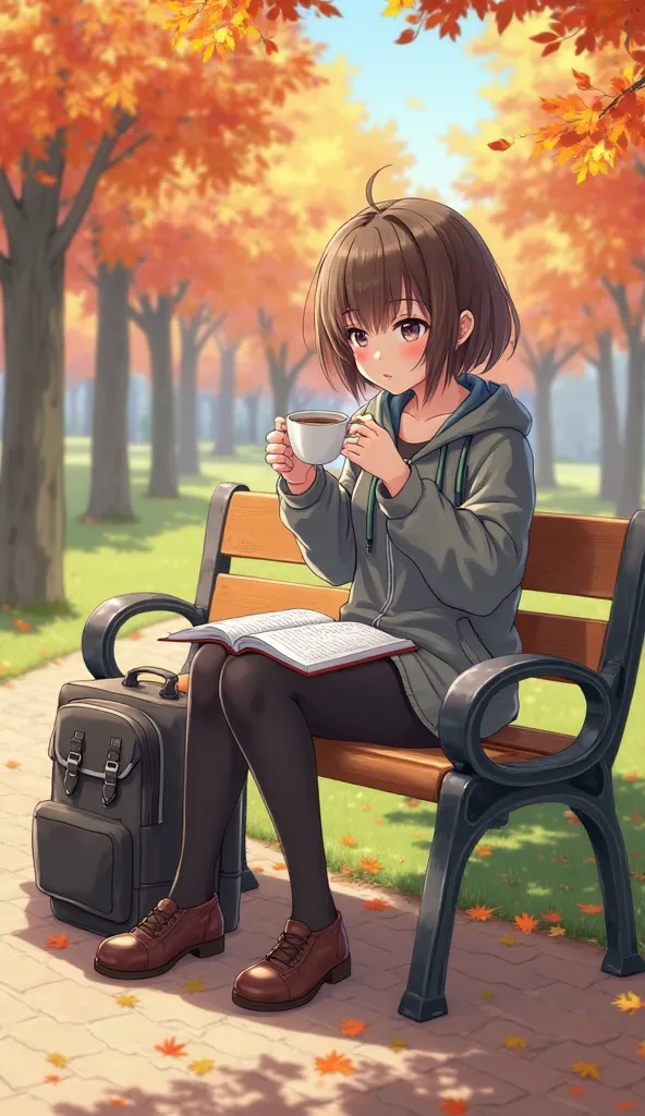 An anime girl  character sitting in a park on a bench, with a backpack beside them and books open on their lap. It's a peaceful autumn day, with colorful leaves gently falling from the trees. The character is studying while sipping on a cup of coffee, full...