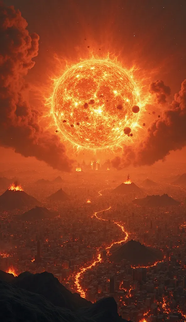 An apocalyptic scene where the Sun has moved dangerously close to Earth, causing massive destruction. The intense heat scorches the planet, oceans evaporate, cities crumble, and the sky is filled with fire and smoke. The atmosphere glows with a fiery red h...