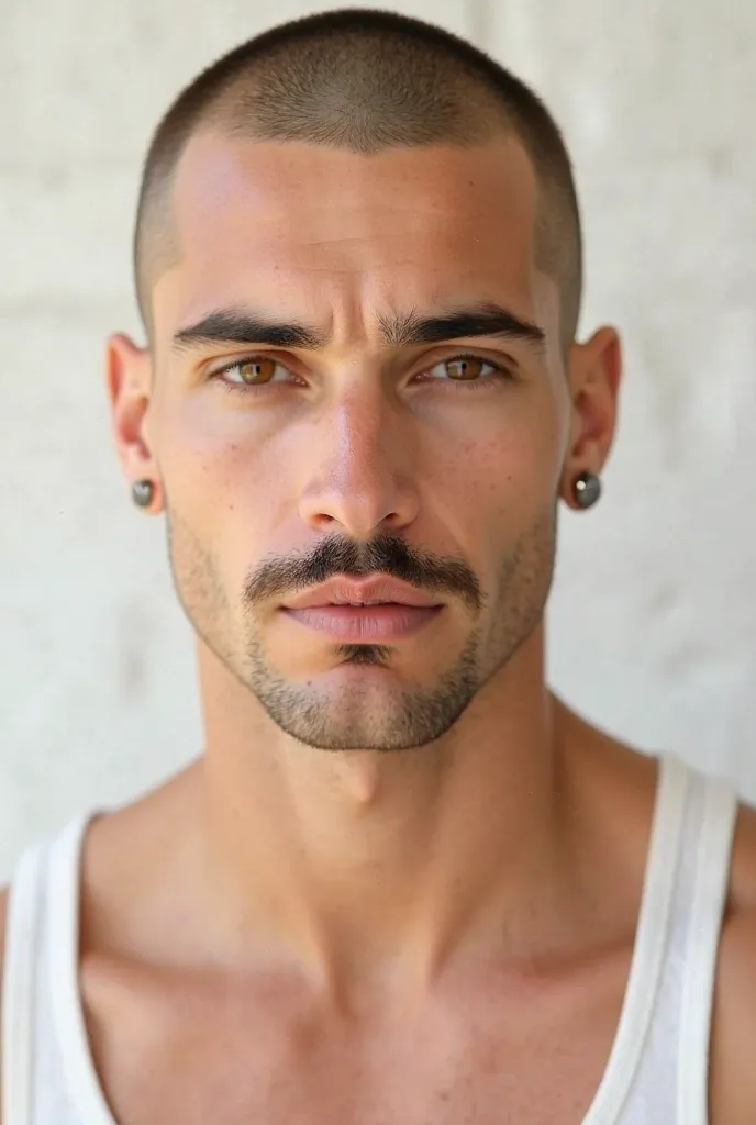 KilianZeugin with light skin with a glow, medium build, buzz cut brown, brown eyes, straight nose, mustache headbear, well-defined and elegant man aesthetic, earring in left ear, wearing a white tank top, white wall background