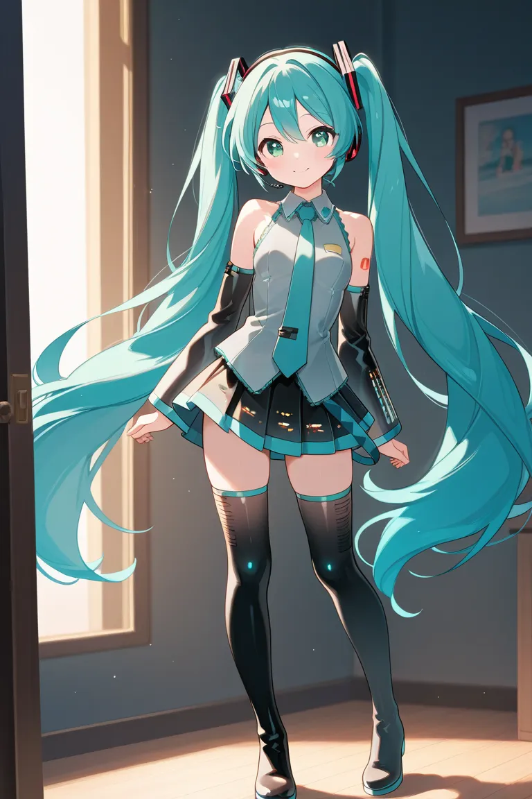 1 girl, vocaloid , Hatsune Miku,green eye,turquoise long twin tails,miniskirt,sleeveless,tie,headphones, black arm cover ,black long boots