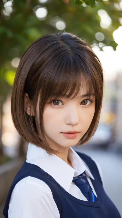 one girl, (a beauty girl,  Delicate Girl:1.3), (:1.3),
break, ( school uniform:1.2),
break, ( School Grounds :1.2),
break, Very Beautiful Eyes, (symmetrical eyes:1.3),
break, (big breasts:1.1), brown eyes, 分け目のある前髪,  Brown Bob Cut Hair, round face,  cute,
...