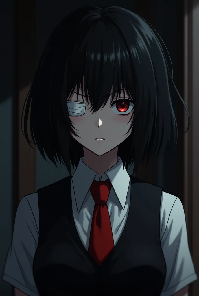 ( girl's appearance : The character is a mysterious girl with short black hair and thick bangs,  that partially covers his face . Her distinctive feature is a bandage on one eye, which adds mystery to the image and makes it stand out from the crowd. She is...