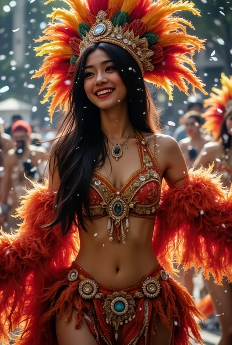 a Japanese woman with long, sleek black hair, is dressed in a vibrant, feathered carnival costume, adorned with shimmering jewels and intricate details. Her outfit glitters under the bright lights as she dances gracefully in the Rio de Janeiro Carnival par...