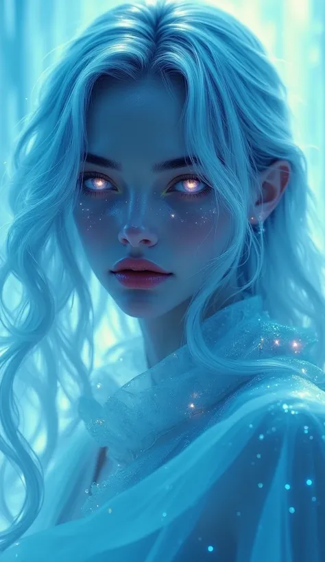  A mysterious woman with silver-blue hair cascading over her shoulders, her pale violet eyes glowing softly in the dim light. Her delicate features are marked with faint bioluminescent patterns, tracing along her cheekbones like ancient symbols. She wears ...