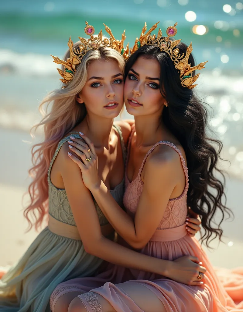 Two empresses sit together on a pristine beach, their bodies partially embracing in a loving pose as they both look directly at the viewer with genuine, radiant smiles. The first empress has vibrant pink and blue hair that catches the light like jewels, wh...