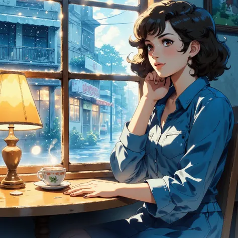 A pastel-colored, watercolor-style illustration of a woman sitting by the window in a retro café on a rainy day, gazing outside as she waits for someone. The window is speckled with raindrops, slightly blurring the nostalgic cityscape beyond. The soft glow...