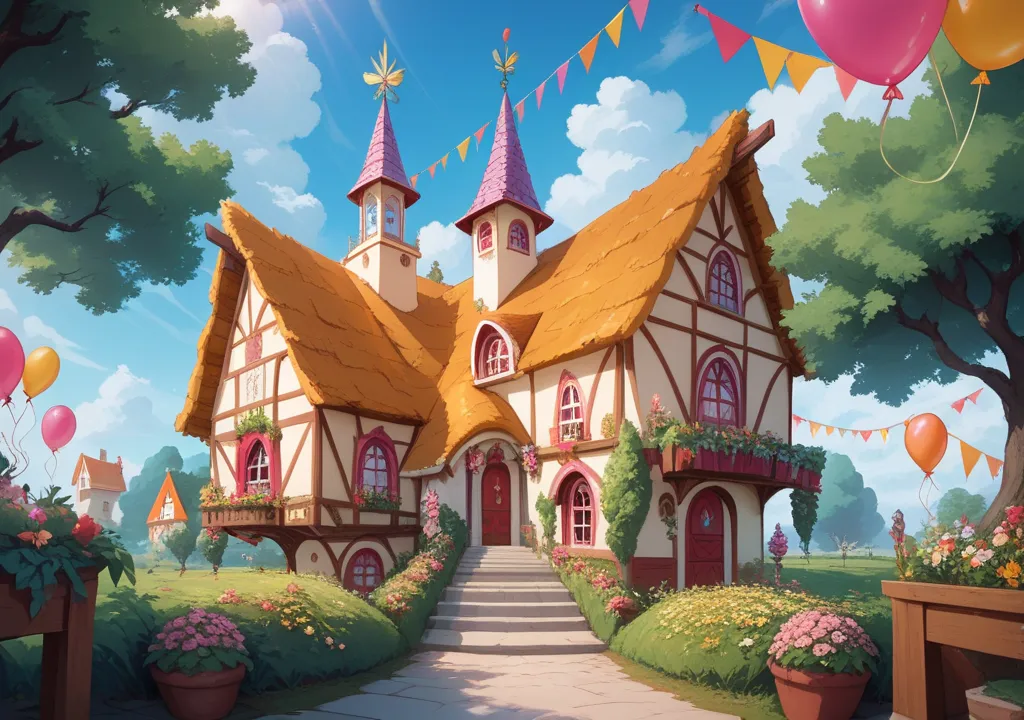 "A vibrant animated cartoon-style garden of a village house decorated for a birthday party, viewed from a point-of-view (POV) and wide-angle perspective at the entrance, without any gate visible. The upper portion of the image features a bright blue sky wi...