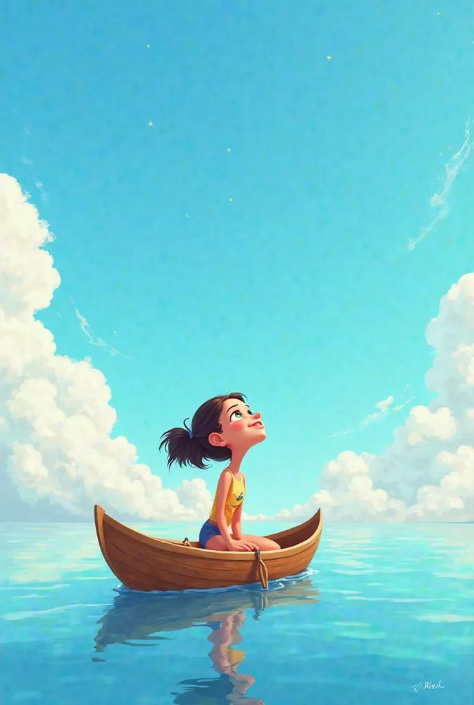 cartoon character woman sitting on a boat，Sit upright，sitting in front of the screen，Head back to，looking at the sky。