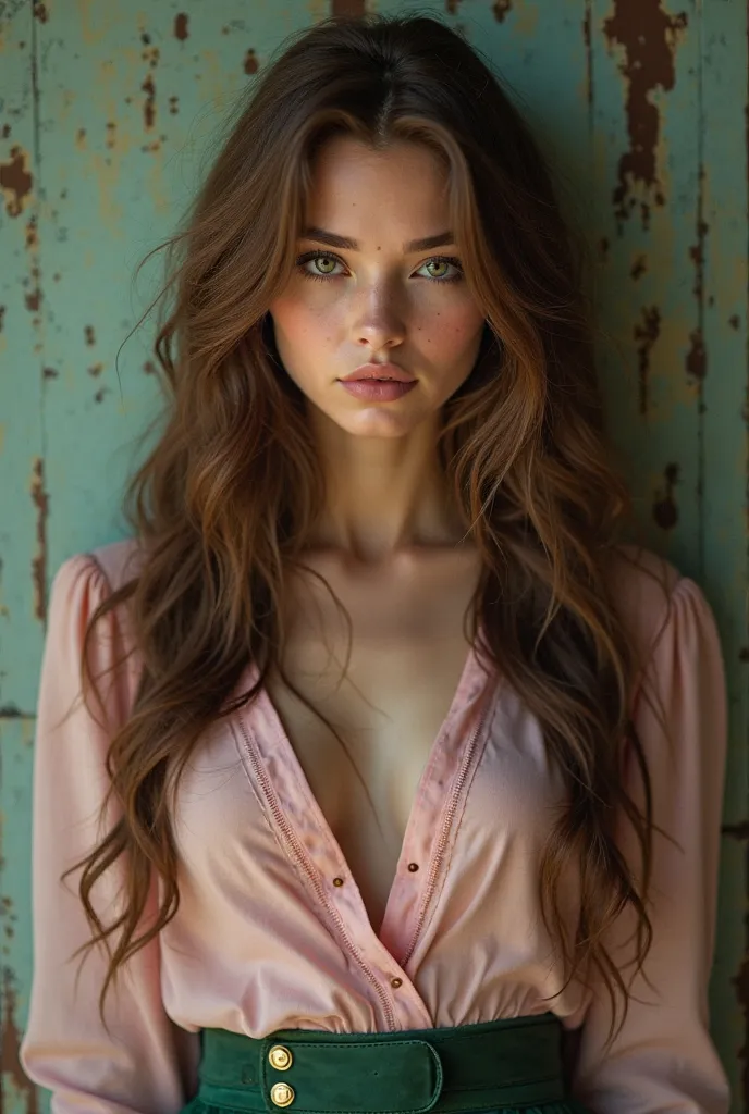  with brown long wavy hair , with rivets, green-eyed, A woman with light brunette skin and a pink blouse wearing a green skirt