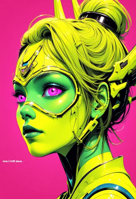 ((best quality)), ((masterpiece)), (detailed), perfect face of cyberpunk mecha japanese girl, neon pink eyes, neon green body, neon green hair, ((monochromatic neon pink, yellow, and green color palette)), surreal, art nouveau, in the illustrative style of...