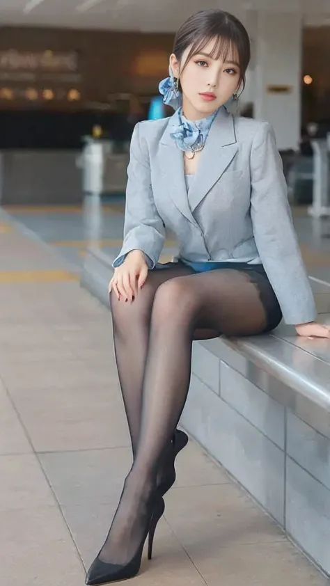 Highest quality),(full body portrait),(length,  Read more)、delicate face, pretty face,thin,(stewardess)) Sitting Poses，((black panty hose))、Black High Heels、Tiffany necklace、 Ring Earrings 、