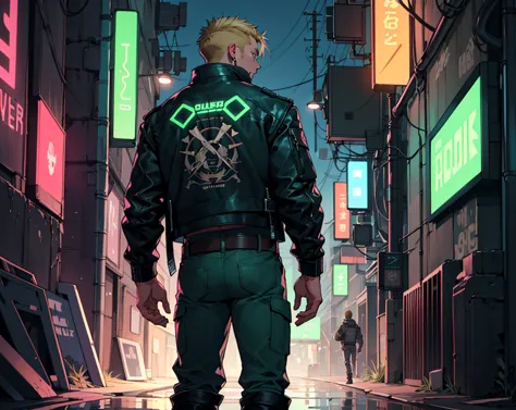 1men, Alone,  slim and tall ;   blonde hair,combed back haircut,no side cut, Two long, green rectangular earrings on one side; green iris; dark green futuristic leather jacket with belts, a medical print on the back, Belt on fabric, cyber city background, ...