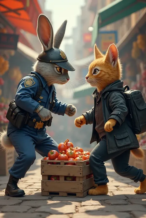 gray rabbit(Police uniform,  head wearing a helmet ), uses a fruit crate to block the head of the golden cat robber(wearing a black jacket,  black pants, hand holding black backpack), inside the fruit stand, crowded market.