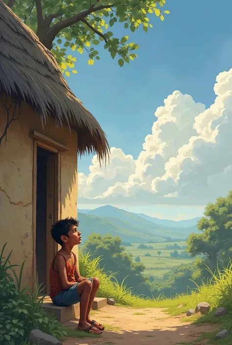 "A small, old hut in a rural Indian village, with a thatched roof and mud walls. A young boy, wearing worn-out clothes, sits outside looking at the sky with dreams in his eyes."