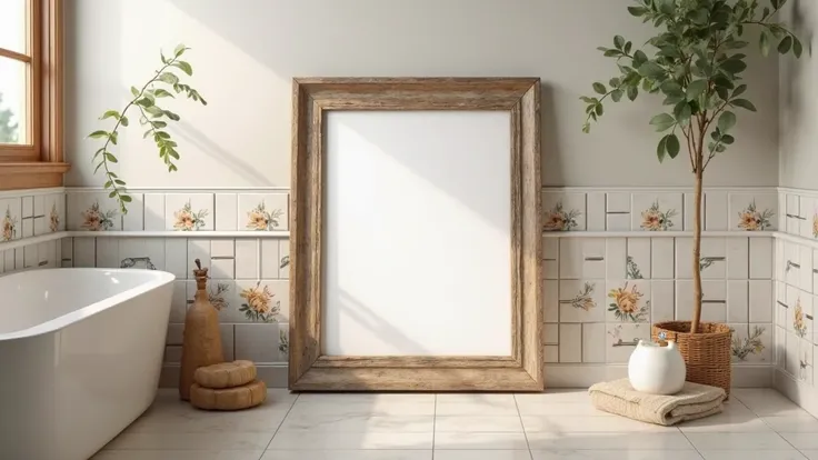 middle sized picture frame mockup in a vintage cottagecore bathroom