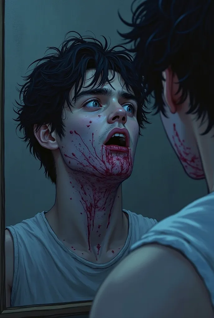 okay now can u do the character man and like he is young with black hair and he is looking himself in the mirror in the morning and his and his goiter is blue-purple with a few capillaries that are red like lines and it looks very scary 