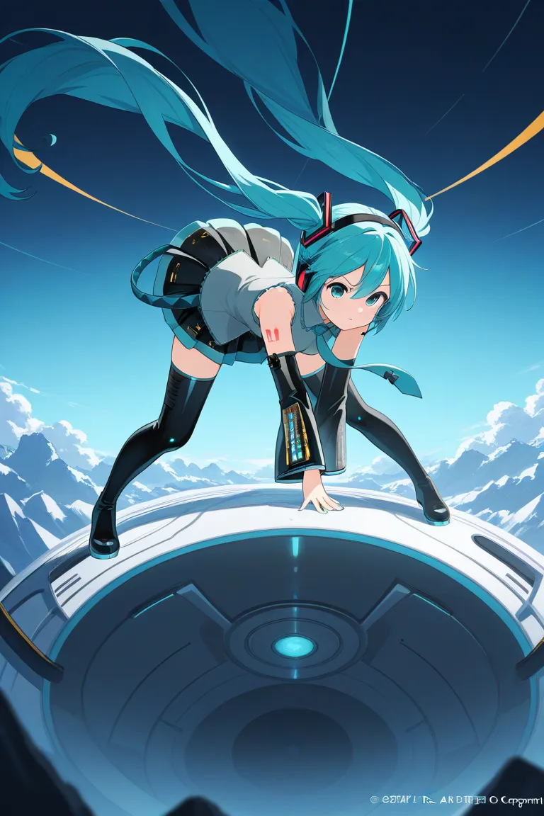 1 girl, vocaloid , Hatsune Miku,turquoise long twin tails,Clear Blue Beautiful Eyes,miniskirt, black arm cover ,sleeveless,tie,headphones,black long boots