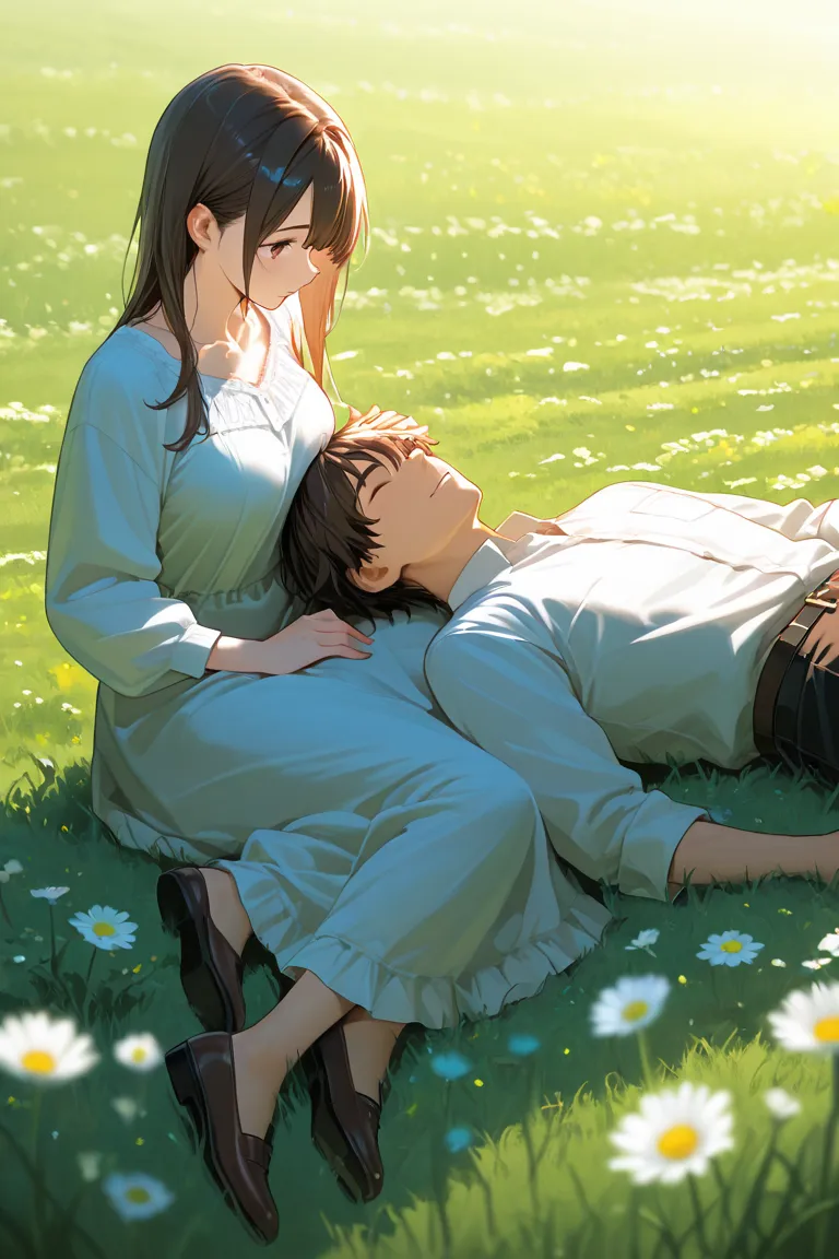 1girl,sitting,lap pillow,
1boy,lying on meadow,
meadow,