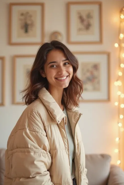 A young woman, likely in her late s or early twenties, of South Asian descent, is centrally positioned in the image.  She has shoulder-length brown hair and a pleasant, smiling expression. Her facial features are soft and delicate. She is wearing a light b...