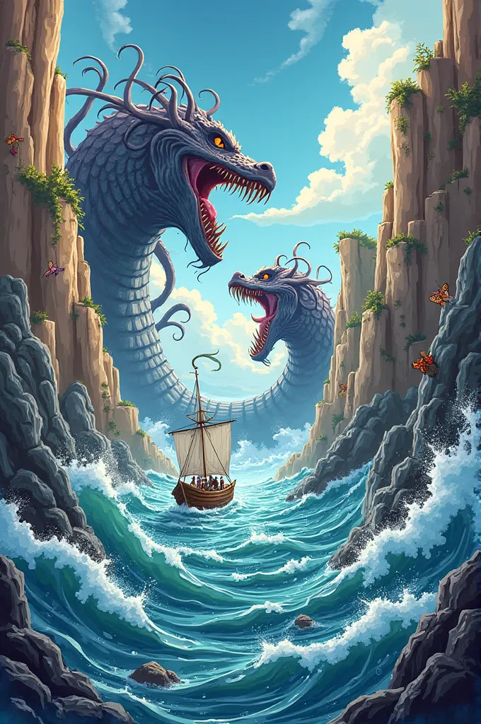 Create a image in scylla, charydbis, and the odyssey in the sea do on cartoon image