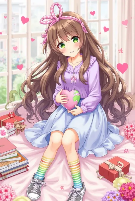 The image shows a kawaii-style anime girl sitting, wearing a purple dress and a light blue skirt. She has long and wavy brown hair,  big green eyes , and wearing rainbow-striped socks and sports shoes.  She is surrounded by hearts, flores, books and gifts,...