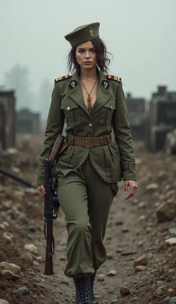 "A female soldier in a French military uniform, walking along a battlefield showing her cleavage."
