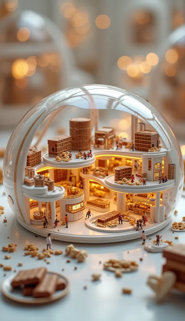 (Positive Prompt):
"A futuristic miniature chocolate factory and store inside a spherical glass structure, highly detailed, elegant white interior, warm golden lighting, tiny ultra-realistic people working inside a Snickers chocolate production and sales f...