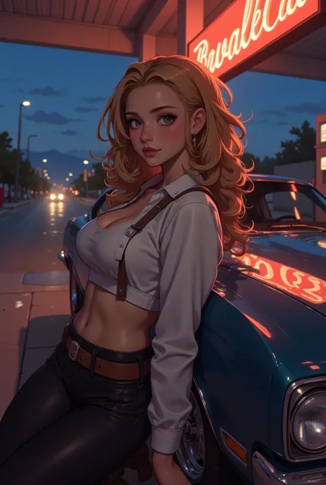 illustration of A stunningly beautiful girl, sexually suggestive illustration anime-style illustration, soft painterly shading, upper body shot of a young woman leaning against the side of a vintage muscle car at a quiet gas station, the polished chrome re...