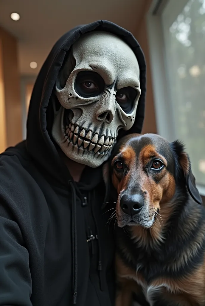 arafed man taking a selfie with a dog wearing a mask, spooky filter, face with skull mask, very accurate photo, wearing all black mempo mask, very very low quality picture, his head is a skull, skull mask, with a white muzzle, wearing bandit mask, ghost ma...