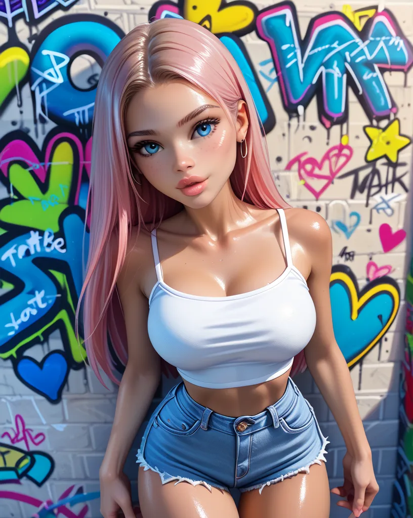 ((masterpiece:1.2, best quality)), beautiful young girl, large breasts, ultra detailed, tight shiny spaghetti strap top, Very short daisy dukes, Ultra-precise depiction, Ultra-detailed depiction, (dynamic pose), (graffiti wall background:1.5), straight lon...