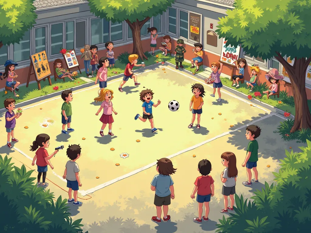 An animated-style illustration of a lively schoolyard filled with small groups of agers, each group consisting of 2-3 individuals engaged in different activities. The scene is viewed from a first-person perspective, as if seen through the eyes of an observ...