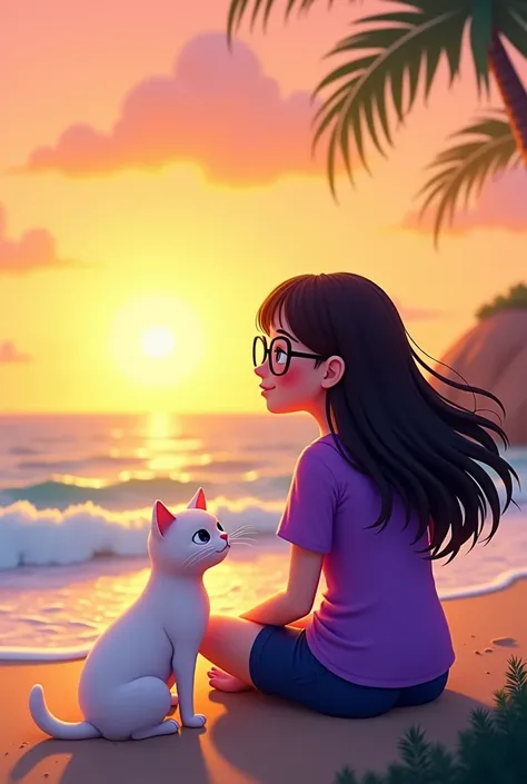 a long-haired  with a round face, glasses and a purple shirt with a white cat, on the beach at sunset