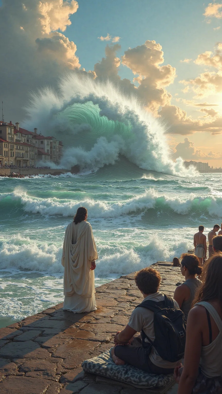 Jesus steht mit vielen anderen people am Pier einer Hafenstadt, eine riesige Wave kommt frontal auf die Stadt zu, highly detailed, Realistic scene, photorealistic, 8k, HDR,  professional, Beach landscape, people, Wave, Brandung,  Beautiful sky ,  warm ligh...