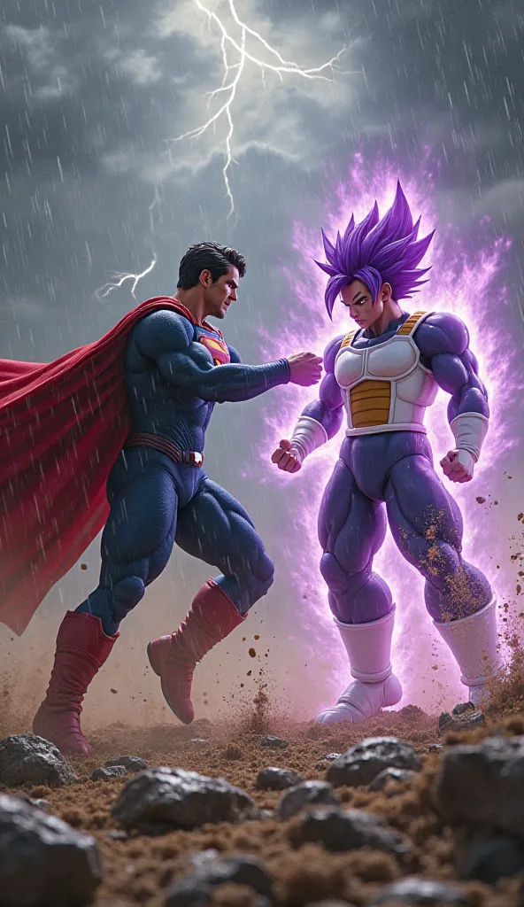 Epic battle scene, Superman in his iconic red-and-blue suit with a flowing cape, facing off against Vegeta in his classic Saiyan armor with spiky purple hair, maintaining realistic proportional sizes. Vegeta’s height and body mass are normal, with an inten...