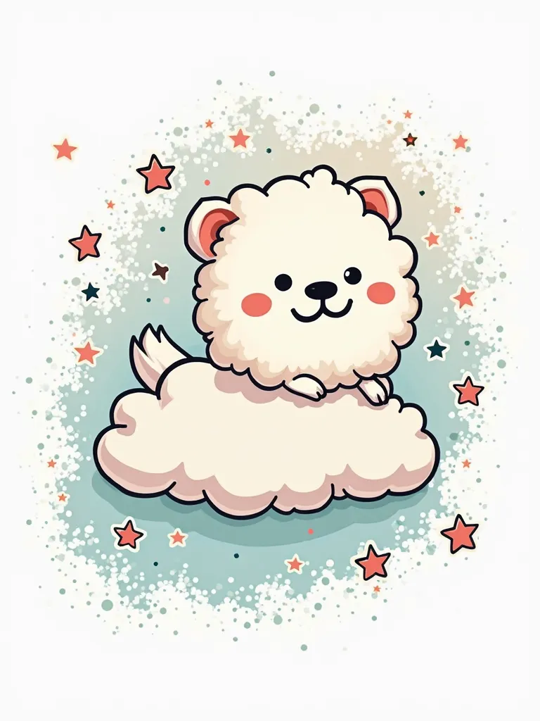 cartoon Samoyed as a Cloud (fluffy and floating with stars around) Graphic vintage style  t-shirt design colorful clear outline vector contour white back ground no mockup paint, no splatter, no watermark, no signature