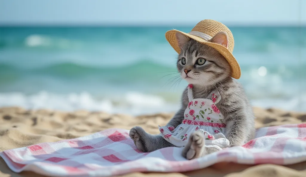 Sideview of a tiny grey tabbed baby kitten dressed with a nice rose beach dress and a sun hat sitting on a picnic blanket while looking over the beautiful clear sea.