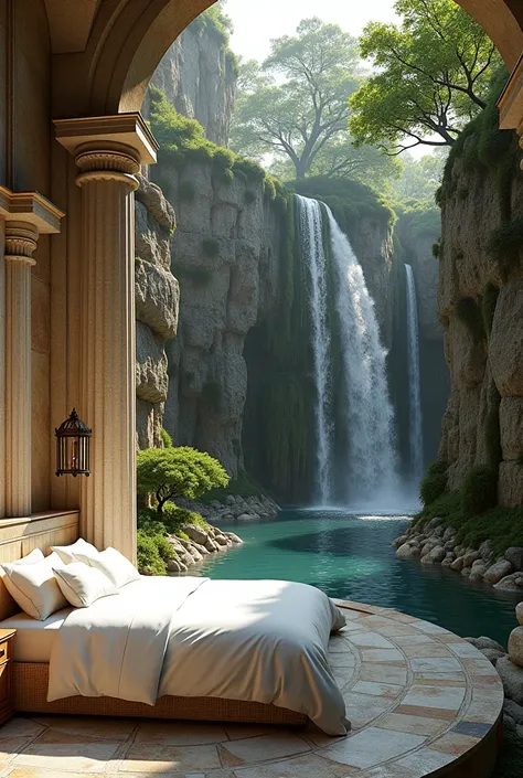 Private suite with bed and hot tub with ancient Greece-themed waterfalls
