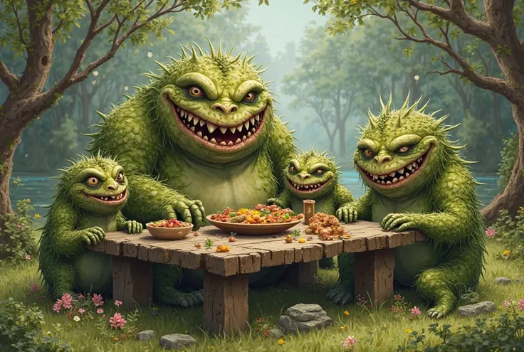 Egy nagy,  Ugly , lovingly smiling swamp monster family. They have lunch in the meadow around a wooden table.