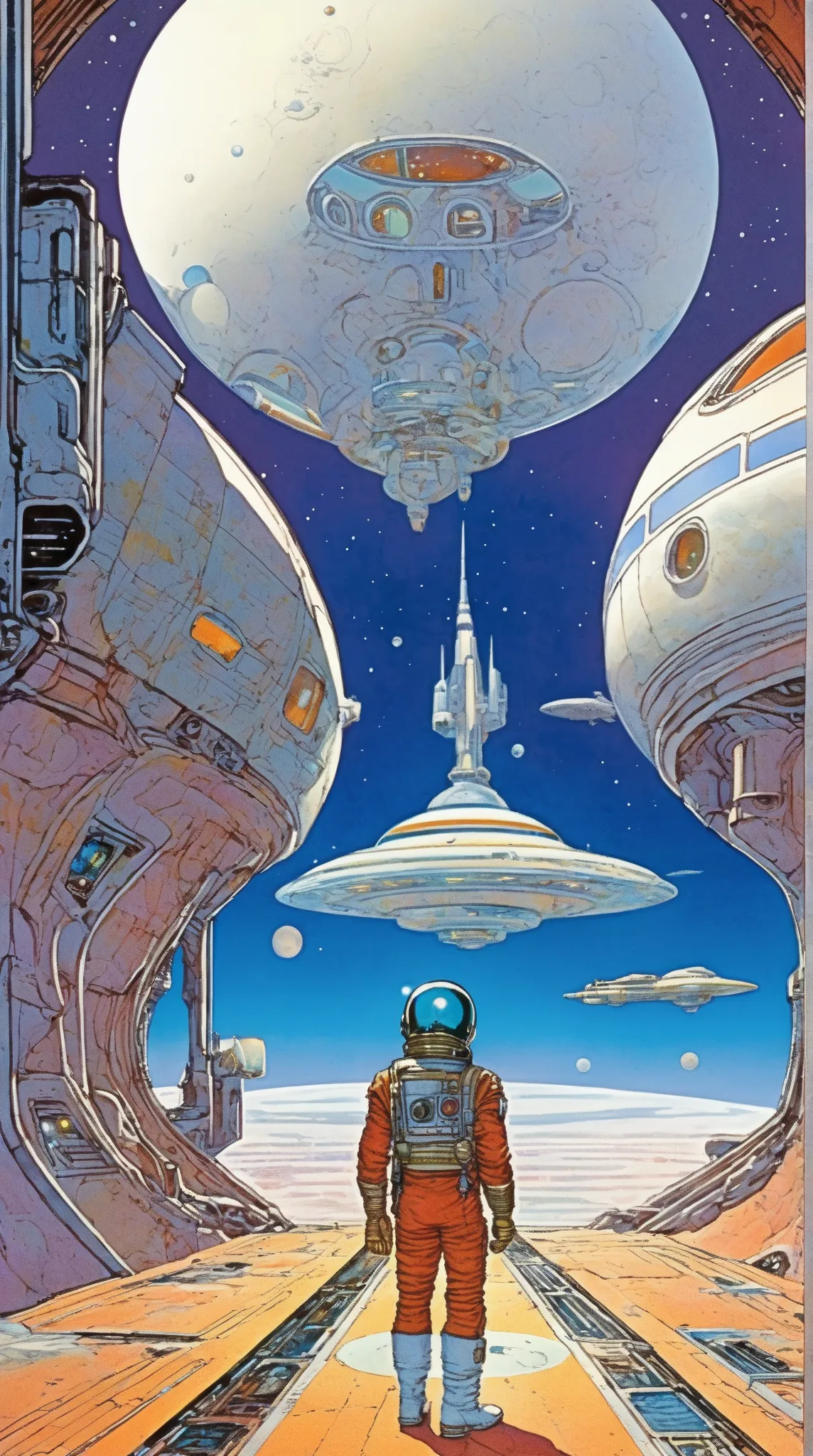 Moebius (Jean Giraud) Style - A picture by Jean Giraud Moebius, Space Station, Science fiction illustrations, Retro-future. Sci-fi illustrations , Impressive retro-future Space Station, galaxy, Distant nebulae, Package art, like Thunderbirds, Picture story...