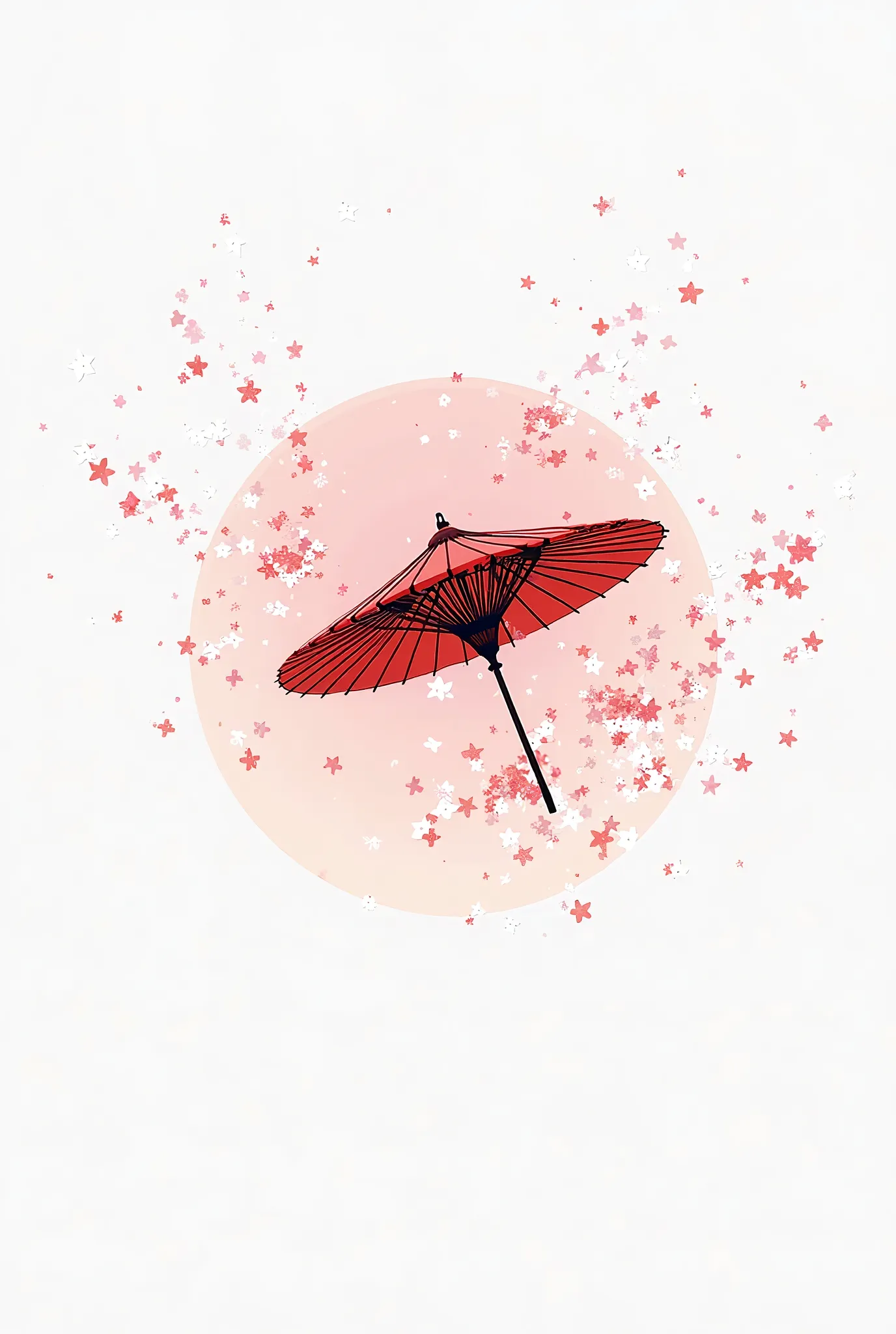 Top view of a red Japanese umbrella、 cherry blossoms dance、White background design 