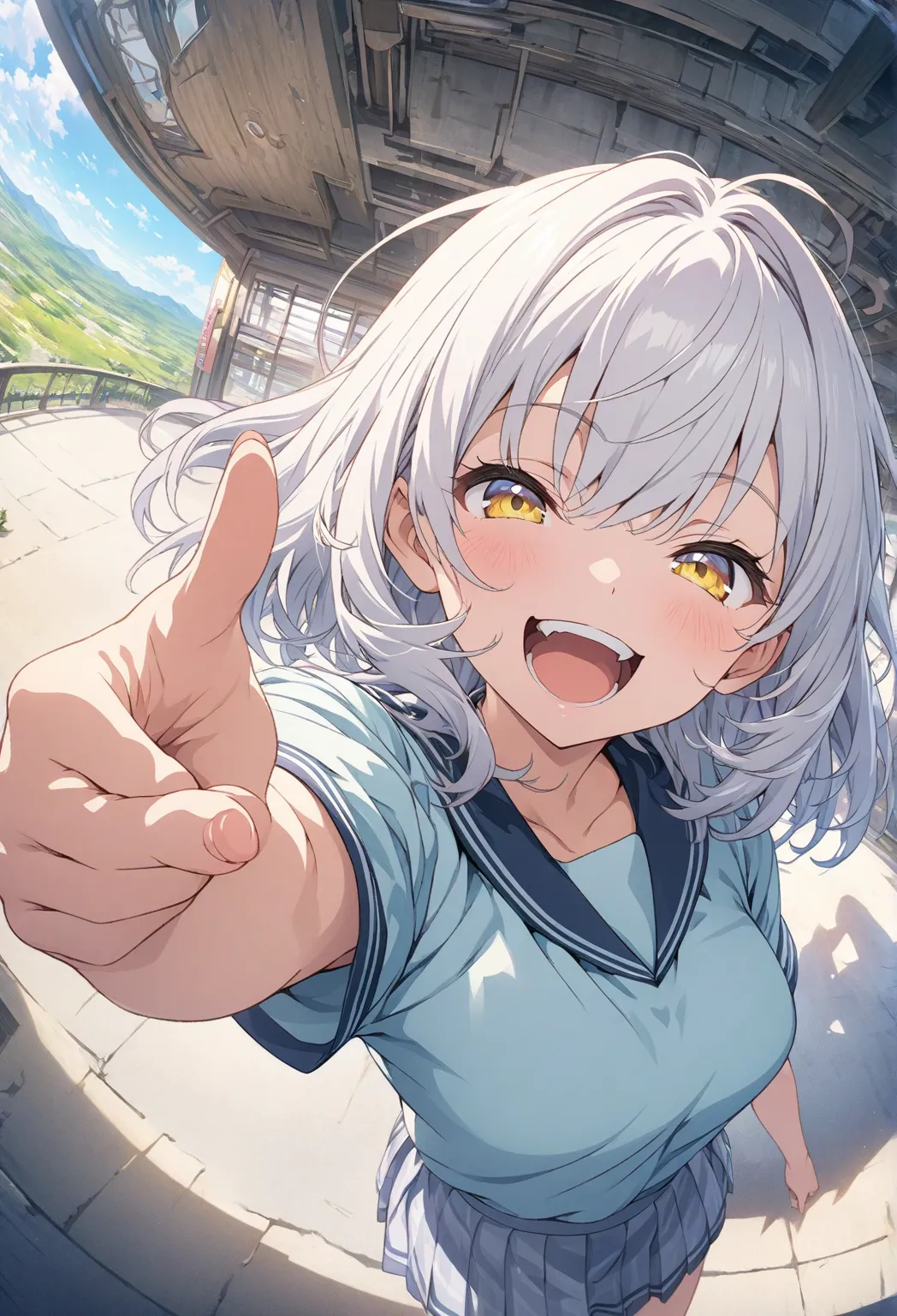 masterpiece, Highest quality, Highly Detailed CG Unity 8k Wallpaper, Asahi background , anime illustration of a high school girl. Gun Pointing Pose、Close your eyes、opening your mouth, smile.  The background is a pastel colored landscape, White hair color, ...