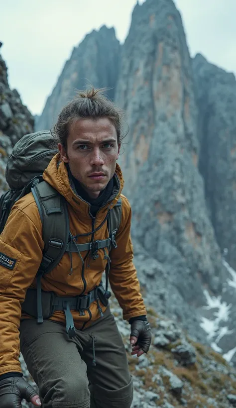 a young hiker with a hiking gear climbing a huge rocky mountain looking desperate close up shot cinematic , ultra realistic , 4k